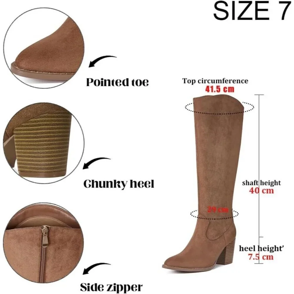 🆕Womens Suede Brown Side Zipper Knee High Pointed Toe Chunky Heel Tall Boots